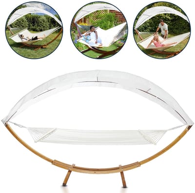 Hangmat met Houten Frame – Outdoor Hangmat van Hout met Wit Zonnedak – 415 × 150 × 210 cm – Hangmatten met standaard