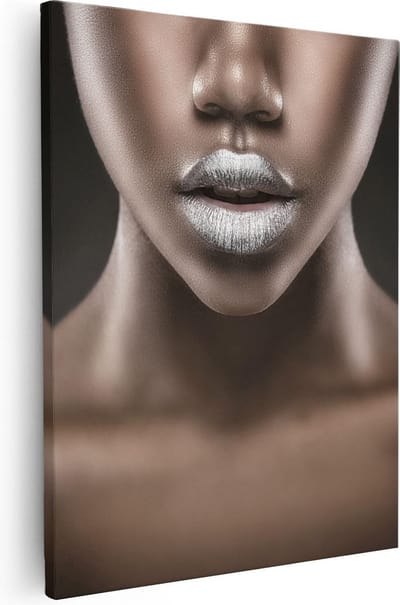 Artaza Canvas Schilderij Zwarte Vrouw - 40x50 cm - Wanddecoratie Lippen Portret - Muurdecoratie Woonkamer - Schilderijen Op Canvas