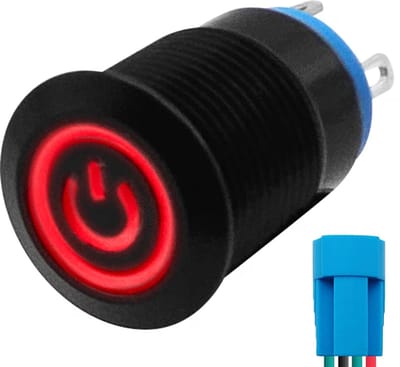 ProRide Metalen Drukschakelaar ON-OFF met Aansluitkabel - 12mm - Spatwaterdicht - 12V/24V - LED Indicatie Rood