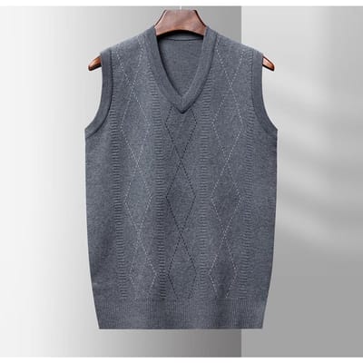 Herfst Nieuwe Middelbare en Oude Mannen V-hals Dik Vest Gebreid Jacquard Vest Mouwloze Top Herenkleding 4XL gray