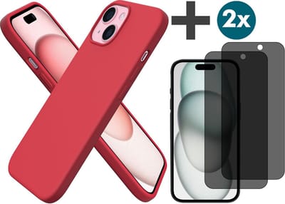 Hoesje met Privacy Screenprotectors 2 Stuks Geschikt voor iPhone 15 Hoesje Siliconen - liquid case - Arara Backcover - Rood