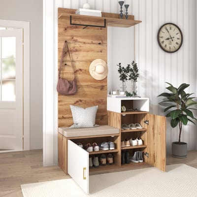DESMIU Garderobeset - Met Spiegel En Schoenopberging - Voor Hal En Entree Met Zitbank En Haken - MDF En Spaanplaat - 105x40x190,5 Cm