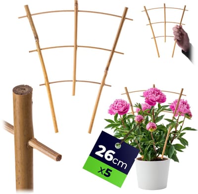 KADAX Bamboeladder, set van 5, steunladder voor bloemen, tuinplantensteun van bamboehout, bloemenrooster, klimhulp, rasterspalier V-vorm, klimhulp (H: 26 cm, drievoudig)