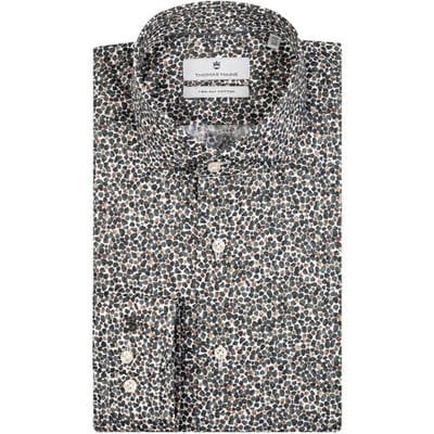 Thomas Maine Overhemd Fantasy Pattern Two-Ply Cotton Poplin Roma Modern Kent Dark Olive / male