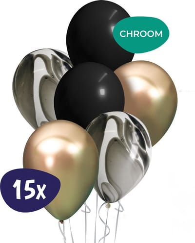 Gouden Ballonnen - 15 Stuks - Mix - Pastel & Marmer Zwart, Glossy Goud - Helium Ballonnen - Chrome - Latex - Verjaardag Versiering - Feest Versiering
