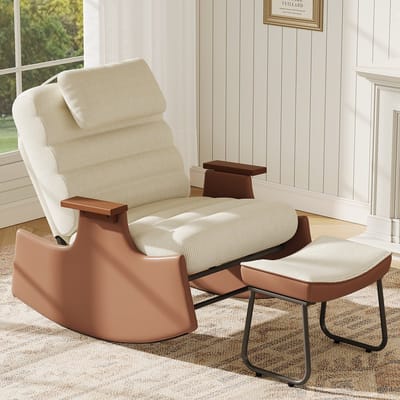 Schommelstoel in Koordstof met Voetkruk, Verstelbare Rugleuning en Hoofdsteun, Comfortabele Relaxstoel/Verpleegstoel voor Woonkamer, Slaapkamer en Kantoor, Beige