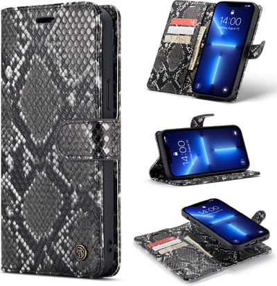 Casemania Hoesje Geschikt voor Apple iPhone 13 - Zwart - Luxe 2 in 1 Wallet Bookcase met Pasjeshouder en Standaard - Kunstleer Afneembaar Magnetisch Portemonnee Telefoonhoesje met Slangenstructuur