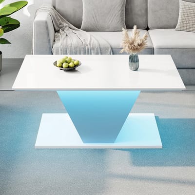 BLACKCOLORS - Salontafel - 100x50x46 cm - Speciale V-vorm - LED-verlichting - Glanzend - Bijzettafel - Geschikt voor kleine ruimtes - Wit