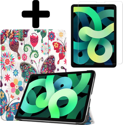Hoes - Geschikt voor Apple iPad Air 5 (2022) - 10.9 inch - 5e Generatie - M1 - Met Screenprotector - Trifold Bookcase - Hard Cover - Hardcover Book Case - Tablet Hoesje - Vlinders