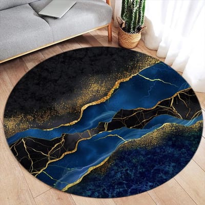 Abstract Marmeren Rond Vloerkleed – Groene Inkt & Gouden Lijn Design – Modern Luxe Tapijt voor Woonkamer of Slaapkamer, Zachte Vloermat Diameter 90cm(35in)