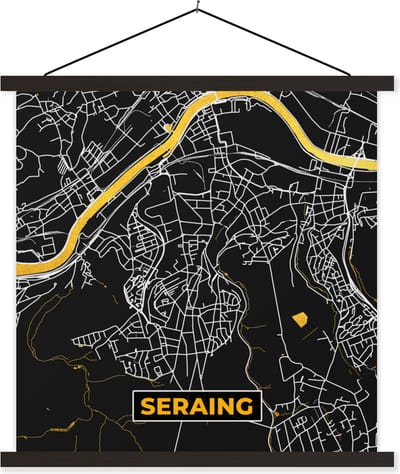 Posterhanger incl. Poster 60x60 cm - Schoolplaat - Plattegrond - Kaart - Seraing - Goud - Stadskaart - Textielposter - Zwarte latten - Stadskaart