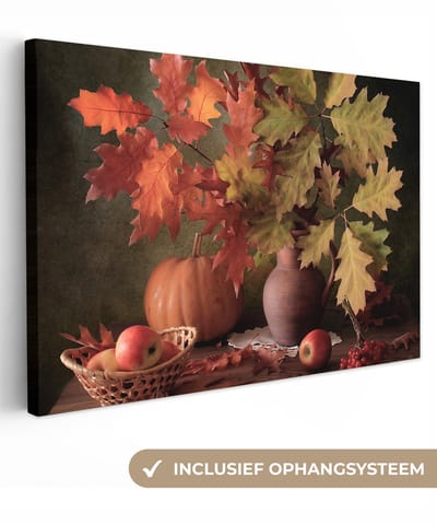 Canvas schilderij 30x20 cm - Wanddecoratie Stilleven - Pompoen - Bladeren - Appel - Kersen - Herfst - Muurdecoratie woonkamer - Slaapkamer decoratie - Kamer accessoires - Schilderijen op canvas