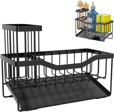 Keuken spoelbak-organizer met sponshouder en afwasmiddelhouder van roestvrij staal voor optimale keukenorganisatie en opslag bij de gootsteen