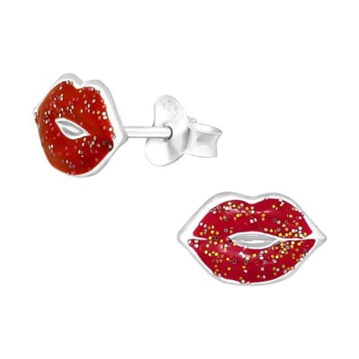 Aramat Jewels | Oorbellen | Zilveren Lippen Oorstekers – 11x7mm 925 Zilver Speels Design | Rood Glitter-11x7mm | |7mm | Zilver | Kinderen, Volwassenen | Verkleurd niet