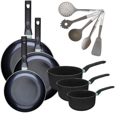 Set van 3 Pannen 24/28/30 cm en 3 Kookpotten 16/18/20 cm Fackelmann Brandao met 5 Vario keukengerei