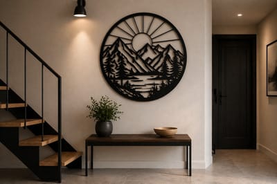 Houten Wanddecoratie Rond – Berglandschap met Zon – Modern & Landelijk – 35 cm Breed