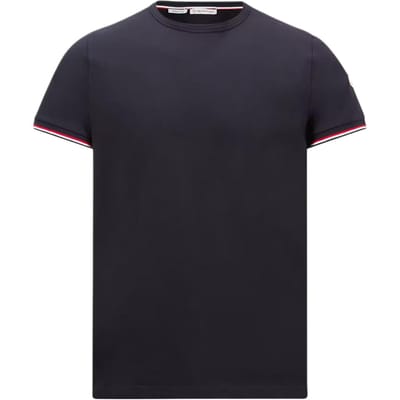 Moncler SS26 Katoenen T-shirt Met Tricolore Rand Ronde Hals Slim Fit Korte Mouw Heren t-shirts L10918C7160087296778 M black