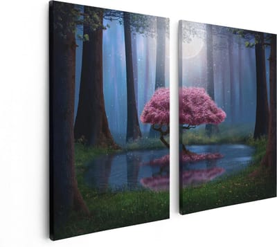 Artaza Canvas Schilderij Tweeluik Roze Boom Op Een Vijver In De Nacht - 80x60 - Foto Op Canvas - Canvas Print