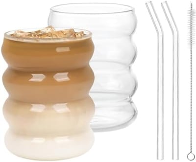PromoHome 410 ml Glazen Drinkglazen met Rieten [Set van 2] - Unieke Donut Vorm met Belletjes voor IJskoffie, Thee, Frisdrank, Bier en Water - BPA Vrij - Inclusief Schoonmaakborstel