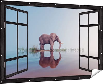 Gards Tuinposter Doorkijk Olifant bij het Water - 180x120 cm - Tuindoek - Tuindecoratie - Wanddecoratie buiten - Tuinschilderij