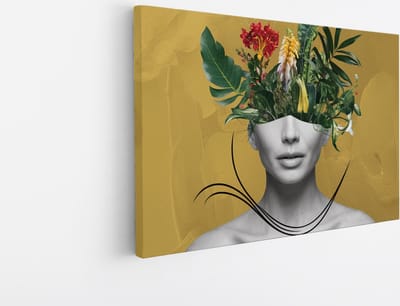 Saammp Canvas Schilderij - Vrouw met bloemen als hoofd - abstract - 30x20 - Foto op canvas - Wanddecoratie - Muurdecoratie Woonkamer - Slaapkamer decoratie - Canvas Print