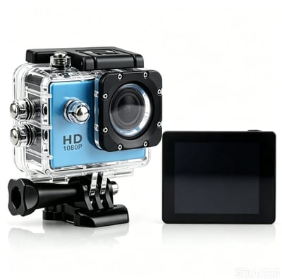 Camera-Action Camera Full HD 1080P - Waterdichte Onderwatercamera 30M - Sportcamera met 140° Groothoeklens en 2.0 Inch IPS Scherm - Motorhelm Camera met 3 Uur Batterijduur - Inclusief Accessoireset-blauw