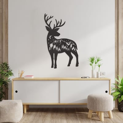 Wanddecoratie Hert Bergen - Muurdecoratie Hert Landschap - Muurdecoratie Hout - Wanddecoratie Landschap - Muurdecoratie Woonkamer - Wanddecoratie Woonkamer - Wanddecoratie Industrieel - Wanddecoratie Dieren - Home Decor - Wall Line Art - 89 x 55.5 cm