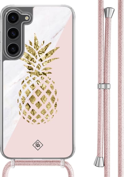 Casimoda® hoesje met rosegoud koord - Geschikt voor Samsung S23 Plus - Ananas - Afneembaar koord - TPU/polycarbonaat - Roze