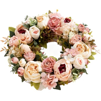 Couronne de Pivoines Artificielles Décoration Florale Artificielle Champagne pour Porte d'Entrée Fleurs en Soie Intérieur Extérieur Printemps Été Automne couleur champagne