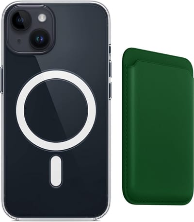 Stravo Clear Hoesje met magnetic Wallet Card Holder - Geschikt voor iphone 14 - Beschermhoes met magnetische leren kaarthouder wallet – Ondersteunt draadloos opladen - Groen