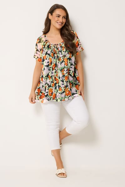 Yours Oranje En Roze Blouse Met Bloemenprint En Fijne Plooien Size 42