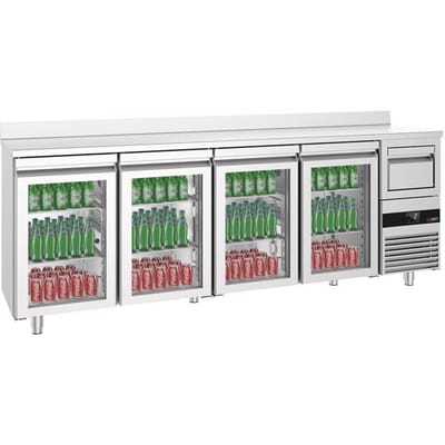 GGM Gastro Bar- & Getränkekühltisch PREMIUM - 2690x600mm - mit 4 Glastüren, Aufkantung & Ausklopfer für Kaffee Zilver