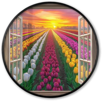Poster in lijst Rond - Fotolijst 60x60 cm - Posters - Doorkijk - Bloemen - Tulpen - Kleurrijk - Zonsondergang - Ronde posterlijst zwart - Decoratie - Wanddecoratie woonkamer - Muurdecoratie slaapkamer