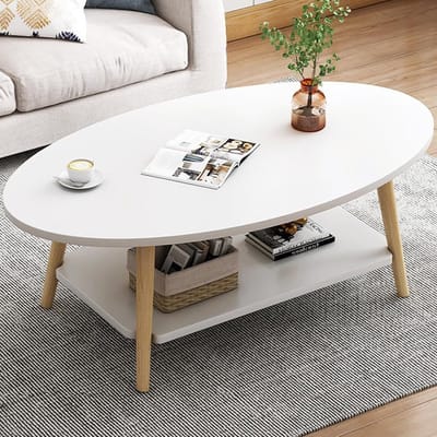 Goodivery ® Dubbellaagse salontafel, witte bijzettafels, hout, woonkamertafel, ovaal, tafelpoten van grenenhout, banktafel (100 x 40 cm)