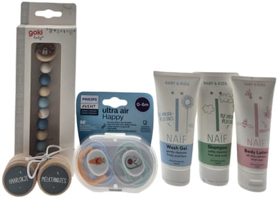 Naif Baby Kraamcadeau Luxe set met Verzorging - Fopspeen - Ketting Beer - Bewaardoosjes – Luxe Verzorgingsset | Wellness Giftbox | Verwen Cadeaupakket voor Baby's