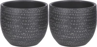 Mica Decorations Plantenpot/bloempot - 2x - Carrie - terracotta - zwart - flakes patroon - D14 x H12 cm
