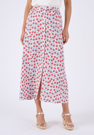 Damart - Rok knoopsluiting print tulpen - Dames - Wit - 52