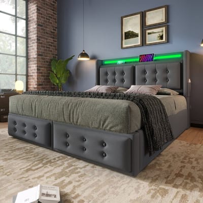 REDOM - Tweepersoonsbed - Met Opbergruimte En USB-C - Modern - Slaapkamer - Katoen-Linnen - Grijs - 180 X 200 Cm