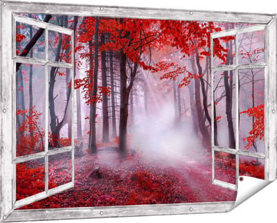 Gards Tuinposter Doorkijk Rood Bos met Bomen - 150x100 cm - Tuindoek - Tuindecoratie - Wanddecoratie buiten - Tuinschilderij