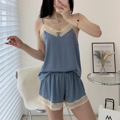 Ensemble de vêtements de détente en satin glacé, petit short d'été frais et sexy en dentelle avec bretelles en V XL gray