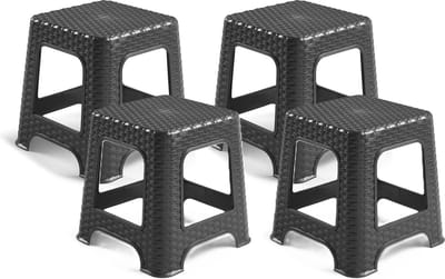 Plasticforte zit krukje - 4x - Rotan line - zwart - kunststof - 32 x 32 x 33 cm - kinder krukjes