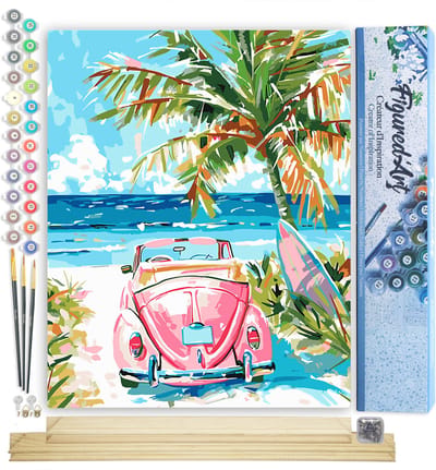 Figured'Art Schilderen op Nummer Volwassenen canvas Roze auto aan zee- Handwerk acrylverf Kit DIY Compleet - 40x50cm met DIY houten lijst
