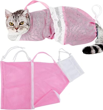 Verstelbare Kat Bad Verzorging Tas voor Honden en Katten, Veiligheidsnet voor Douche, Oorreiniging, Voeding en Nagelverzorging (Roze + Wit)