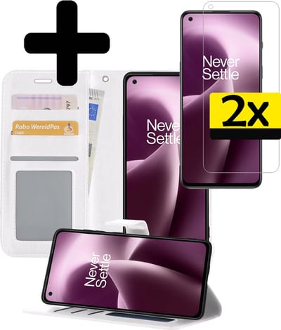 Hoesje - Met 2x Screenprotector - Geschikt voor OnePlus Nord 2T - Luxe Pasjeshouder - Bookcase Portemonee - Flip Case - Kunstleer Book Case - Flipcase Hoes - Book Cover - Walletcase - Portemonneehoes - Telefoonhoesjes - Wit