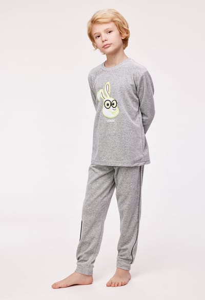 Woody pyjama velours jongens/heren - lichtgrijs - haas - 232-10-PLC-V/128 - maat 140
