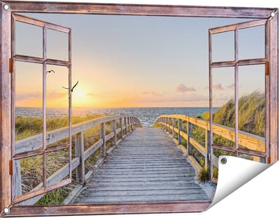 Gards Tuinposter Doorkijk Voetpad met Zee en Vogels - 90x60 cm - Tuindoek - Tuindecoratie - Wanddecoratie buiten - Tuinschilderij