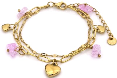 Armband RVS hartjes met stenen - goudkleurig - verstelbaar 16-21 cm – valentijn – cadeau