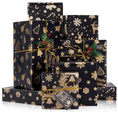 Cadeaupapier Kerst zwart goud - 6 vellen metallic glitter geschenkverpakking met labels en stickers