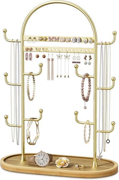 Sieradenstandaard, Sieradenorganizer, Sieradenopslag, Oorbellenhouder, Houten Sieradenboom, Grote 32cm Organizer in Goud