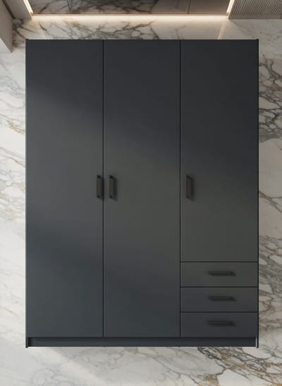 Moderne 3-Deurs Kledingkast Thea – Ruime Garderobekast met 3 Lade & Kleerhanger – Slaapkamermeubel 147x50x200 cm – Grijs Melamine – Tijdloos & Functioneel House&Garden